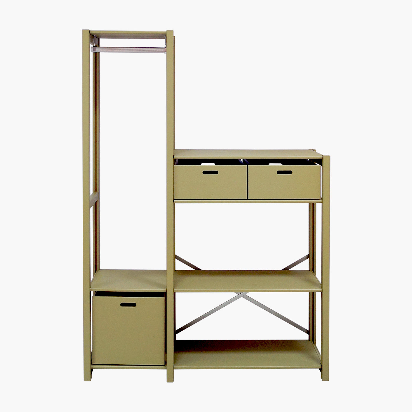 Knuden reol - Olive | med 3 opbevaringskasser 125x179 cm
