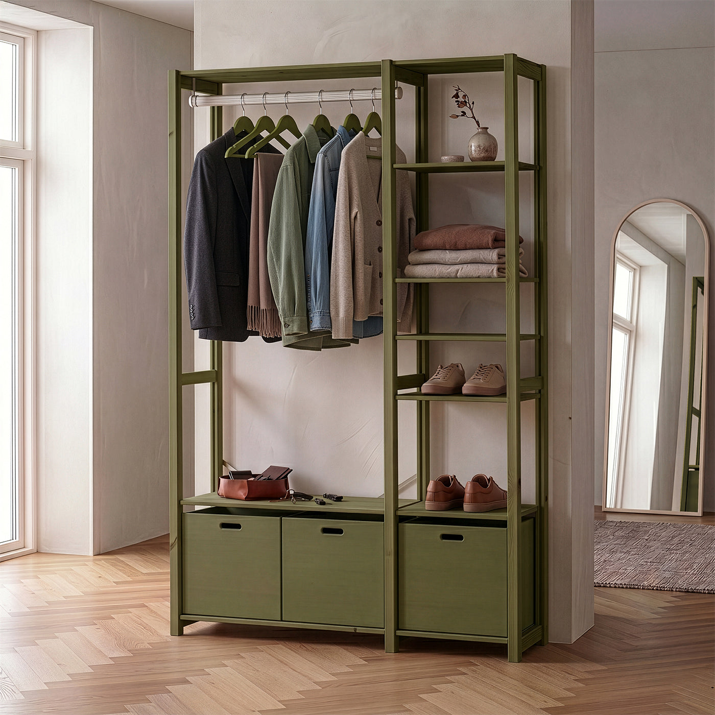Elsø reol - Olive | med 3 opbevaringskasser 125x179 cm